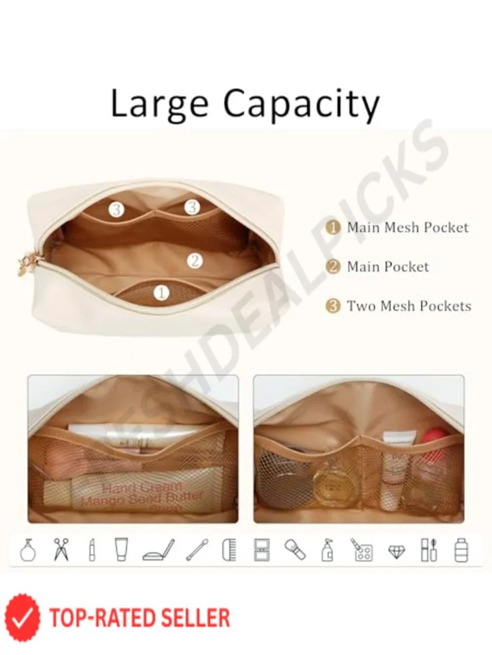 Initial Personalized Makeup Bag Travel Toiletry Vegan Leather Cosmetic Pouch
